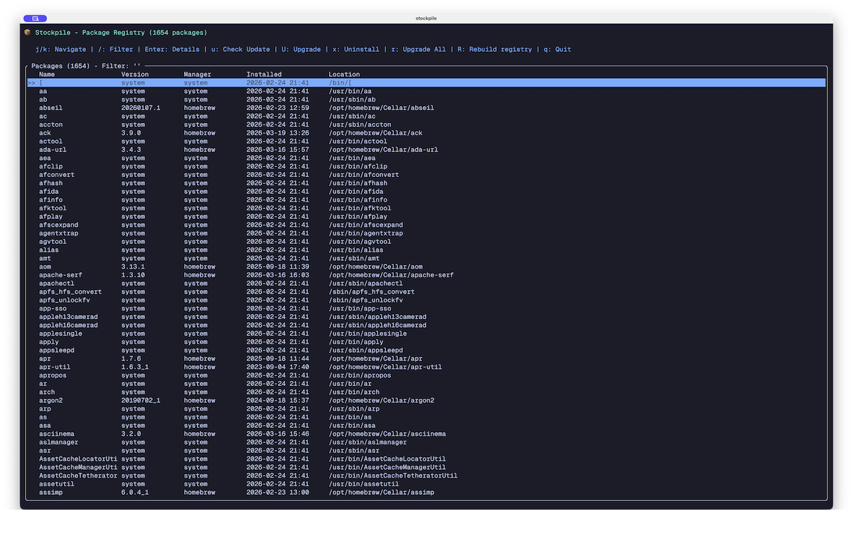 Stockpile: A terminal UI application for managing and tracking software packages on macOS, Linux